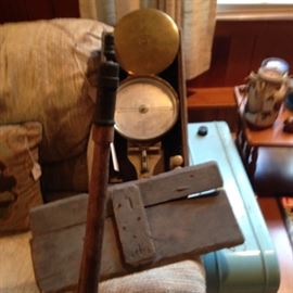 CIRCA 1830'S BRASS SURVEYOR'S TRANSIT COMPASS, ORIGINAL CASE,  ORIGINAL "JACOBS STAFF AND GRADE DETECTOR.  WAYNE COUNTY, NY PROVENANCE.  MOST LIKE MADE IN WEST TROY, NY BY MENEELY AND OOTOUT.