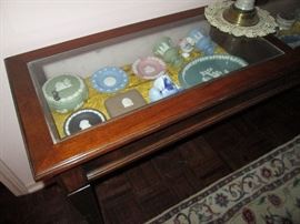 Mahogany display table removable glass tops.