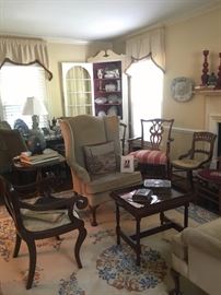 Chinese rug, wing chairs, tray table