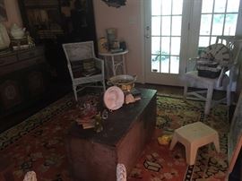 Primitive blanket chest, vintage wicker