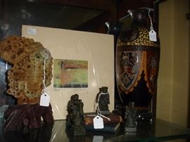 Enamel vase (damaged) soapstone carving and figures