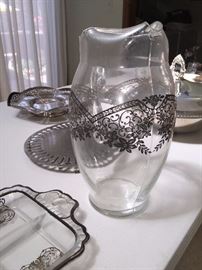 ANTIQUE ART NOUVEAU GLASS PITCHER WITH SILVER LACE OVERLAY