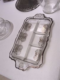ANTIQUE ART NOUVEAU GLASS TRAY WITH SILVER LACE OVERLAY