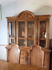 Close Up of High Back Cane Back American of Martinsville Chairs with Closer View of Coordinating Hutch