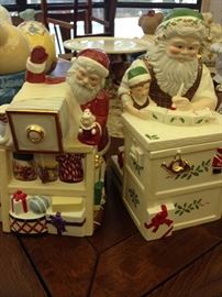 Santa is hard at work in the Workshop; Santa taking Pictures Cookie Jar and Santa with Child Cookie Jar