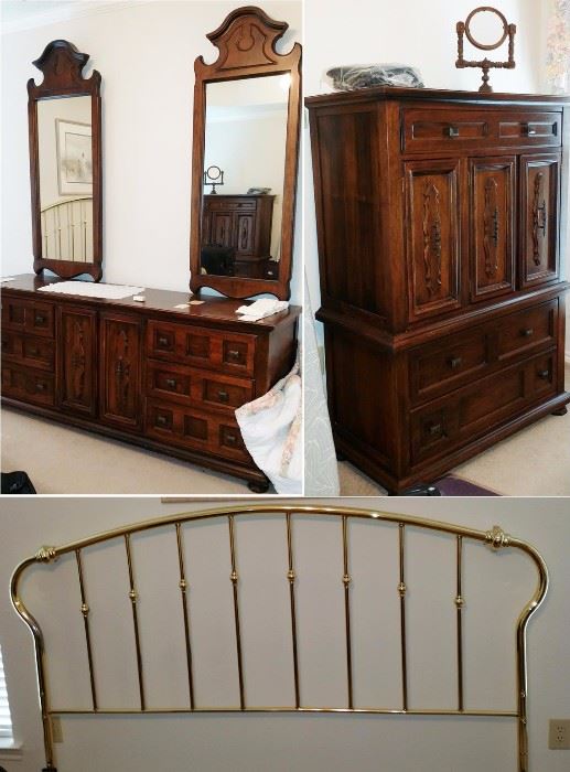 Traditional, dark wood dresser with 2 mirrors and men's chest.  King brass headboard with frame available