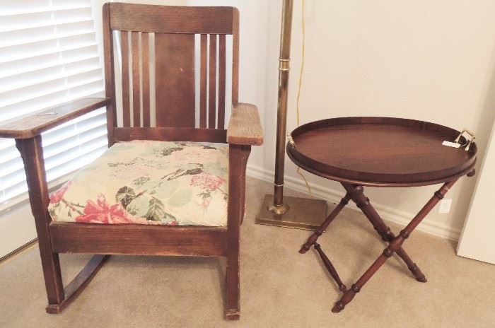 Old rocking chair.  Modern side table with removable tray