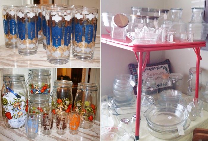 Vintage glass: Pyrex, Libby & more. Clear canisters, jars juice reamers, pie plates. Clear dishes / dish set 
