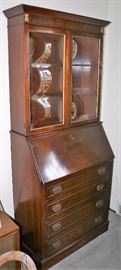 Walnut Drop Front 4 Drawer Desk w/ Convex Glass