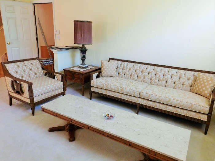 Chesterfield sofa, 6 foot long coffee table and accent chair