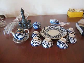 the blue & White china is from Russia, The Carafe pictured is a cut marble carafe with small cups. 