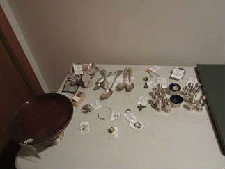 Sterling silver pieces include flatware, salts salt spoons, rings, pins, and bracelets.  Gold pieces are rings.