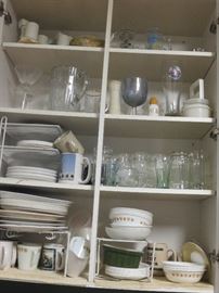 Assorted dishes and glassware, including vintage Corelle ware