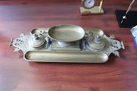 Antique brass desk ink well.