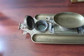 Antique brass desk ink well