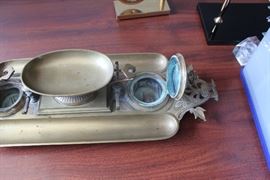 Antique brass desk ink well.