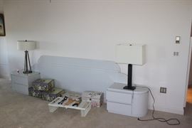 Designer headboard with pair nightstands.