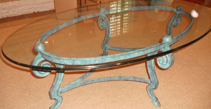 Verdi gres wrought iron base and glass top coffee table