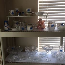 Brilliant cut glass bowls, vintage cream, and sugars, etc.