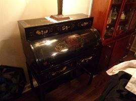 Oriental black mahogany-style roll top desk, beautiful finish and in pristine condition.