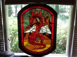 Extraordinary Dragon Stained glass , framed.