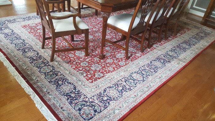 Room rug, 170.5" x 122" , wool, silk, cotton blend, red, navy and cream floral print. Excellent condition, no stains, $1450.00