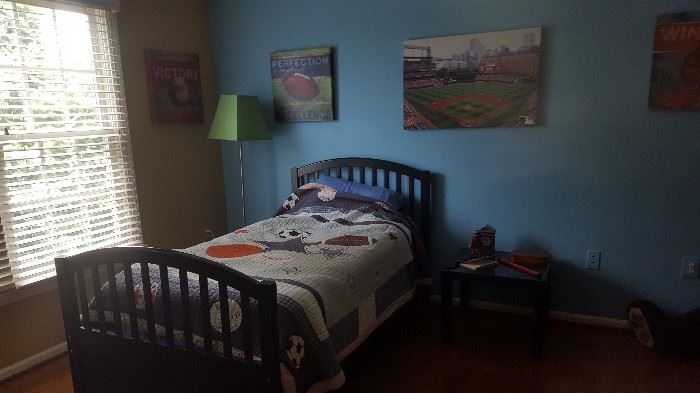 Captains twin bed, blue, with mattress, $300.00  Sports bedding set $50.00