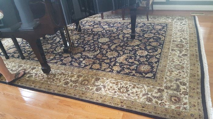Room rug, wool blend, excellent condition, black with natural browns and greens, 112" x 146", $895.00