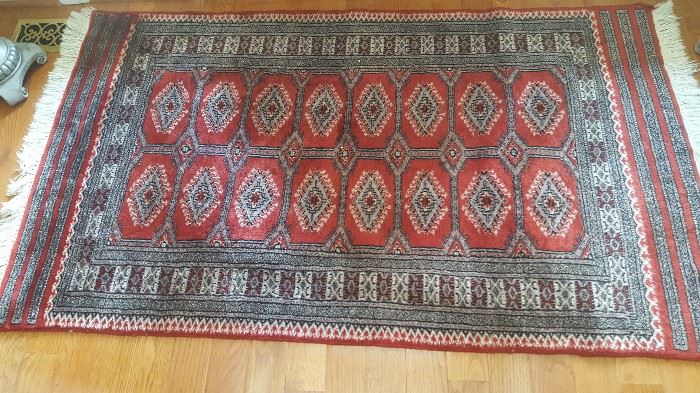 Area rug, wool blend, 67" x 37" red, gray, white, hand-woven, please see additional pictures, $2200