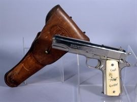 Colt M1911A1 .45 Cal Pistol, SN#1107054, Marked United States Property, Grips Engraved Capt. "Mike" Guillot and "Germany 1944-48" w US Leather Holster