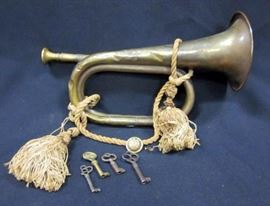 Early Brass Bugle With Decorative Cord, Brass GAR (Grand Army of the Republic) Union Army Uniform Button, 4 Misc Keys,