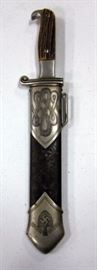 WW2 WWII German RAD Knife, 9.5" Fixed Blade. Ornate Sheath w Silver Trims, Swastika, Solingen