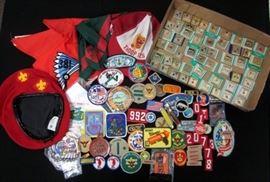Large Boy Scout Assortment- Includes Hats, Scarves, Various Patches, Merit Badges, 2 Pocket Knives and Merit Belt Clips