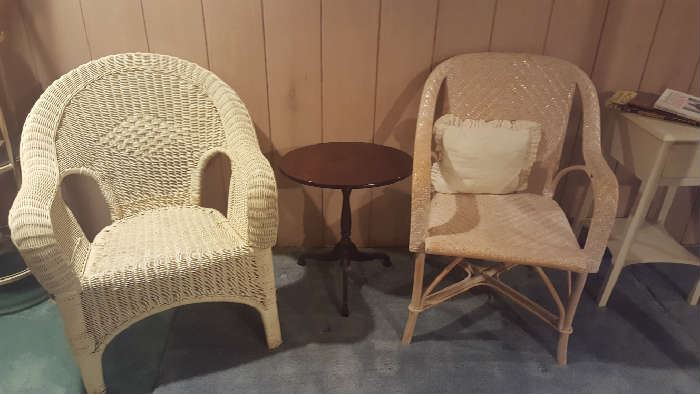 White wicker chair - $30      Rattan chair $20   Small oval table - $18