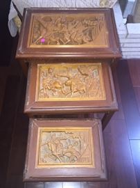 Set of 3 hand carved nesting tables made in either Korea or Vietnam