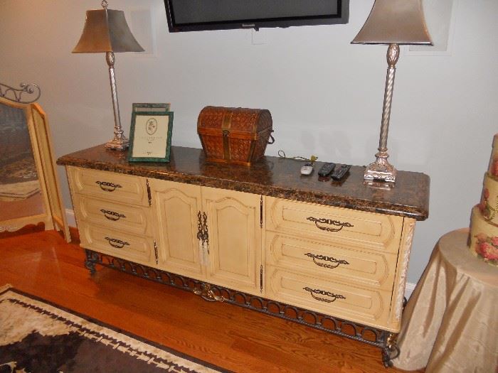 Triple dresser with mirror--faux granite top with inlaid brass
