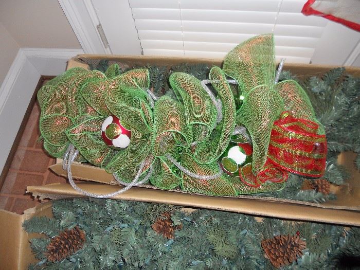 Christmas decor and 2 boxes of Frontgate garlands