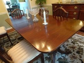 Wonderful Mahogany Dining Room Table with 6 Chairs including 2 Arm & 4 Sides. Plus 2 leaves. 60"L X 40"W X 30"H plus 2 leaves 12" each   