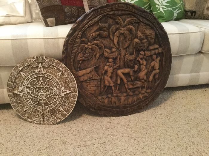 Aztec calendar. Haitian wood carved plaque.
