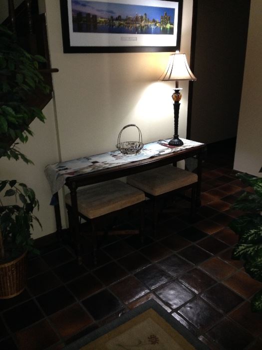 Hallway console table and padded seating