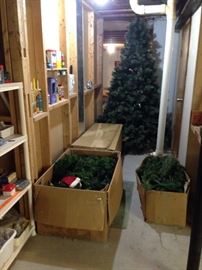 One pre lit tree and another smaller tree with roping