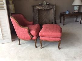 Bergere Chair and ottoman, Chinese Porcelain antique Bowls Ming Dynasty, Ching Qing Dynasty plate and casserole, Qing dynasty Cherry Urn Lamp, French provincial coffee table, Elegant fireplace surround and tools