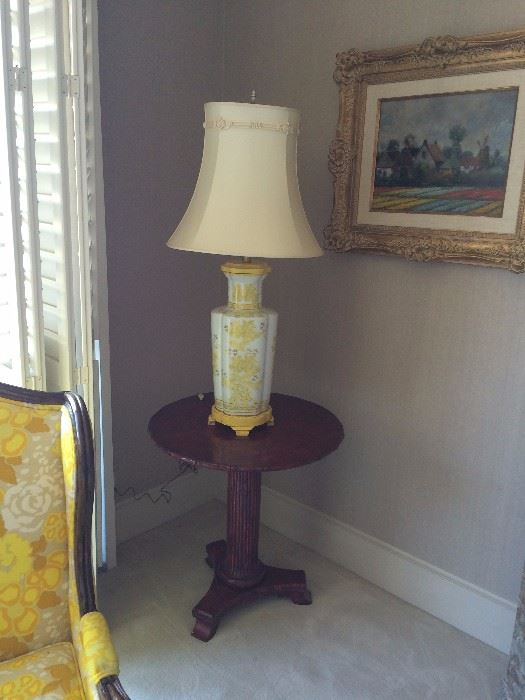 Marbro Lamp - one of 2 $400 each Bamboo circular pedastle table $250