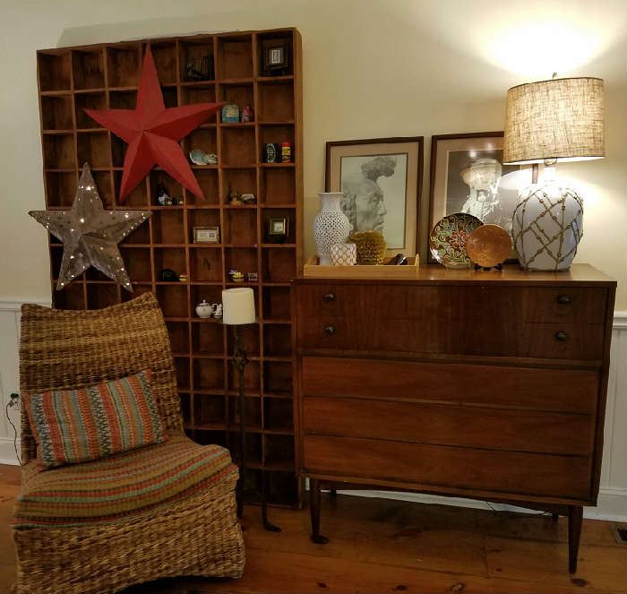 Midcentury chest by Dixie and antique cubby hole shelf.