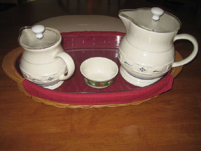 Longaberger pottery- tea pot, coffee pot, bowl in lined basket