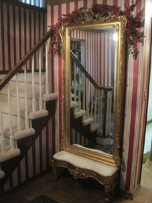 Mid- Century gold Gilt framed pier mirror with marble top console stand