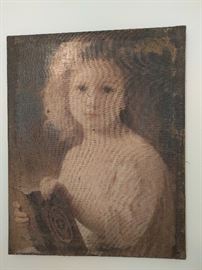 Very cool original oil painting, frameless; newer art, but made to look ancient - very cool! She liked imaginary men best of all...