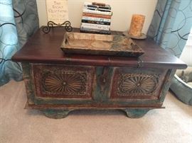 Contemporary "antique" trunk. Great look, perfect color, but I'm sure it was made in India, yesterday.