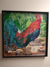 Cock-a-doodle-do! Collage by local Atlanta artist, with chicken recipe in lower right hand corner.