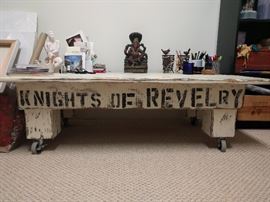 Repurposed old wood, made into a trolley table by the infamous Knights of Revelry, Tracy Hartley, art & furniture . Time to make some of your own, with this fabby table that tells no tales.